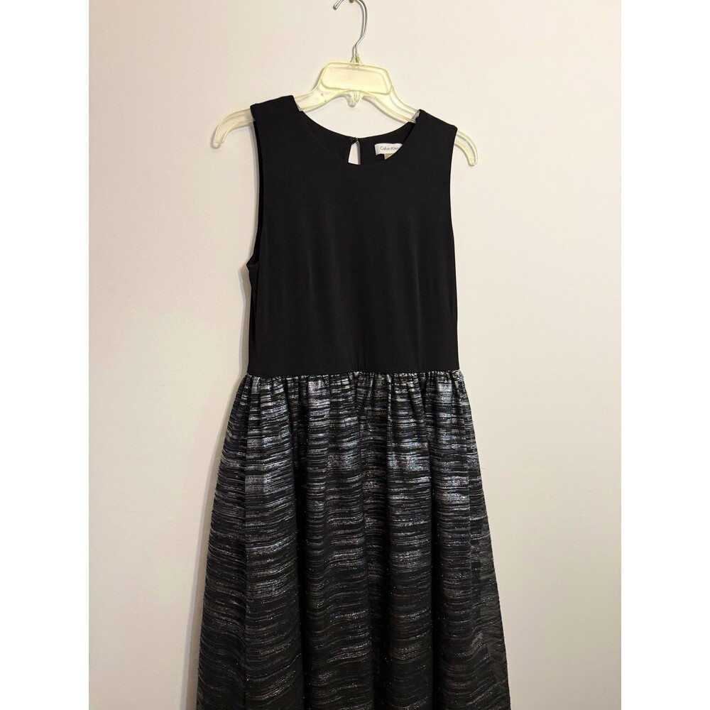 Calvin Klein Fit & Flare Formal Dress Black Silver Metallic Lined Floor Size 10